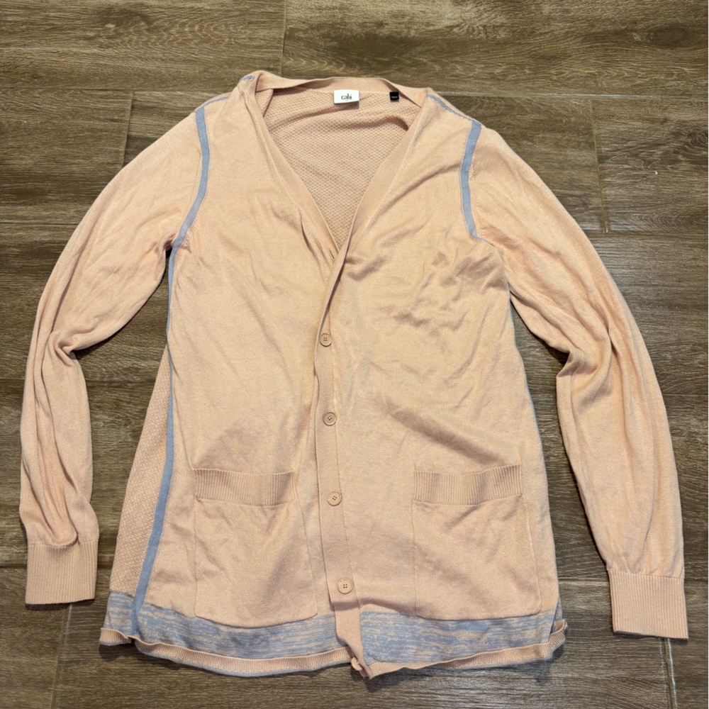 CAbi Pink and Gray Button-Up Long Line Cardigan Layering Lightweight Feminine